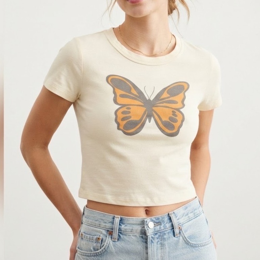 American Eagle Women Cream Butterfly Graphic Short Sleeve Tee Shirt Small